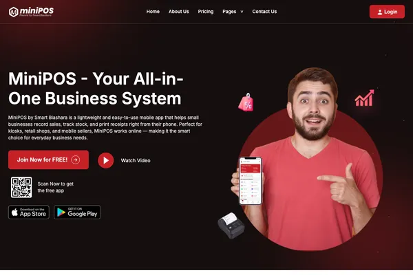 MiniPOS homepage — all-in-one business system app built by Samuel Mwanga