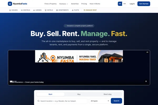 Nyumba Fasta homepage — property marketplace and rent management platform built by Samuel Mwanga