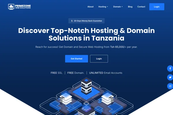 Primezone Web Solutions homepage — hosting and domain platform built by Samuel Mwanga