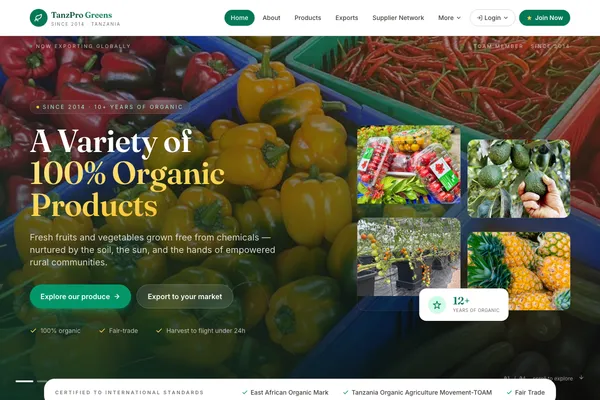 TanzPro Greens homepage — organic fresh produce exporter website built by Samuel Mwanga