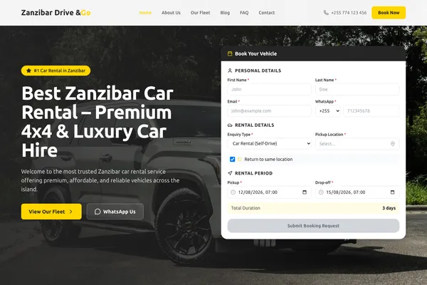Zanzibar Drive & Go homepage — car rental booking website built by Samuel Mwanga